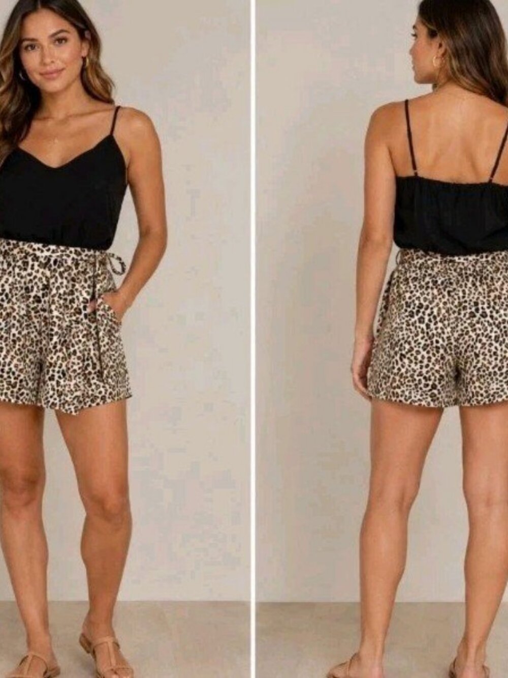 Everly Silky Black/Leopard Print Lined Romper Elastic Waist w/Belt Sz L